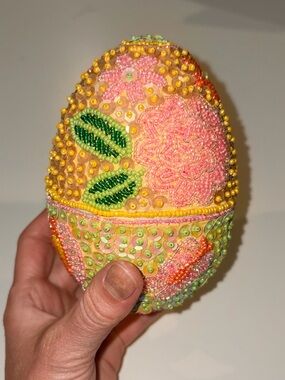 Hand-Beaded Floral Decorative Egg - Pink, Yellow & Green